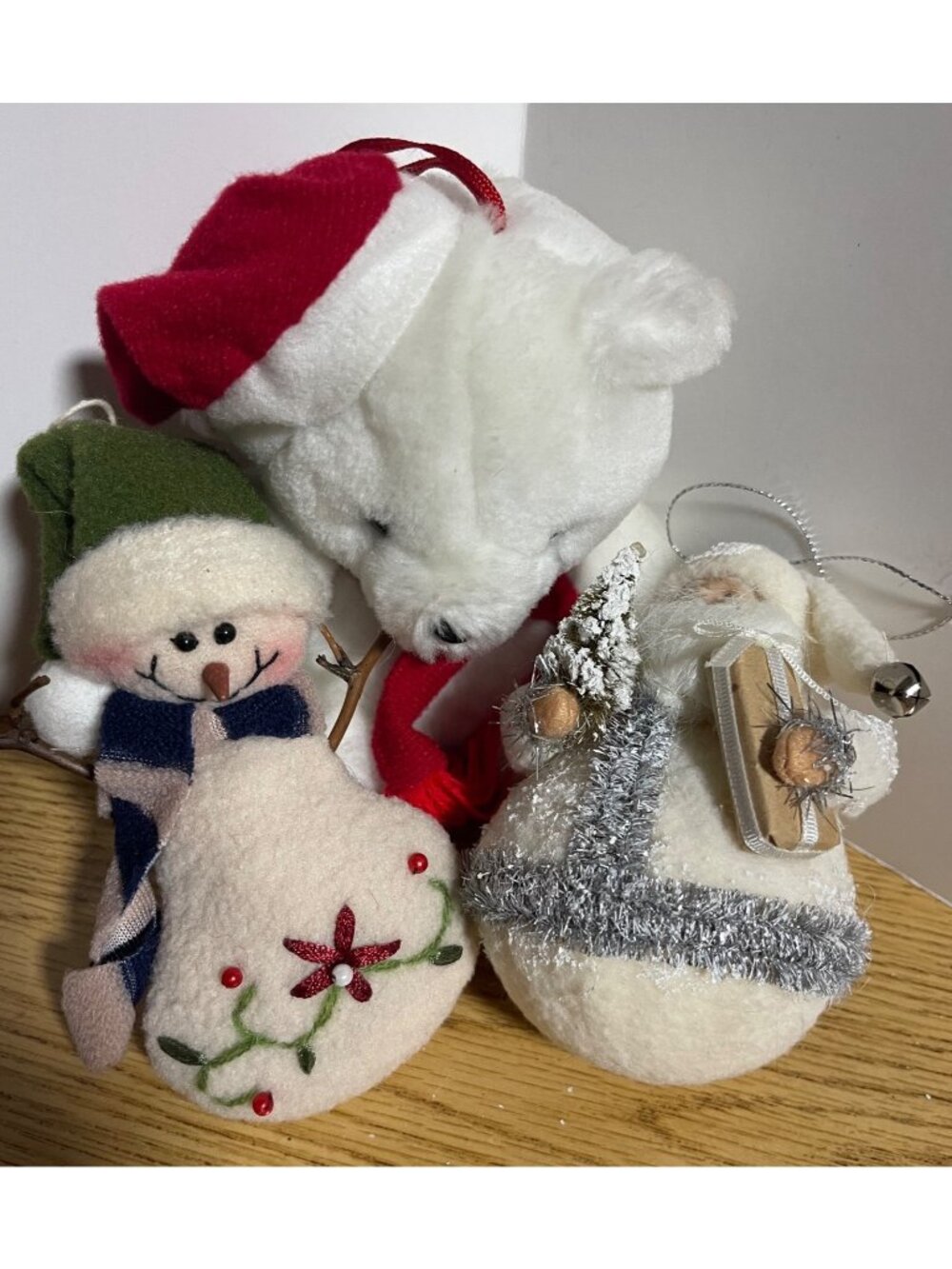 Assorted Plush Ornament Bundle 3pc Santa Bear, Snowman & Santa Bulb VTG1990s